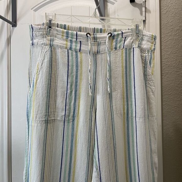 For Cynthia Striped White Teal Pull On Pants Linen Blend Womens Size PM Petite M - Picture 2 of 8